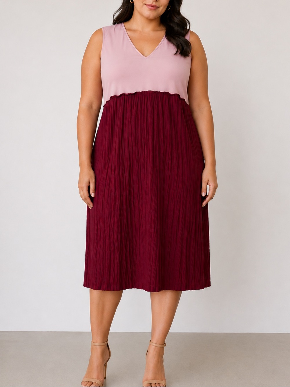 Max Mara Leisure Pink Red Colorblock V-Neck Cocktail Chic Midi Dress